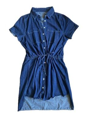 Dark Wash Lightweight Denim Button-Front High Low Shirt Dress with Waist Tie